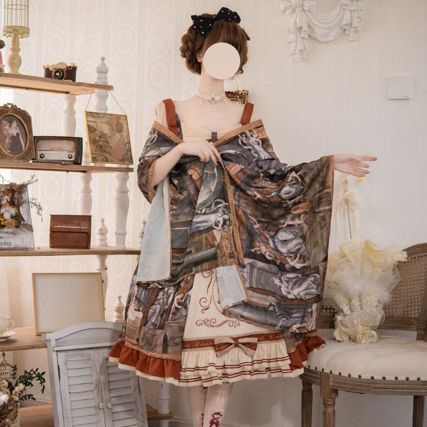 サブカル 服 地雷系 通販 セットアップ ジャンパースカート ショール チョーカー 油絵柄 クラロリ エレガント 上品 ティーパーティ お茶会 撮影会 ロマンティック
