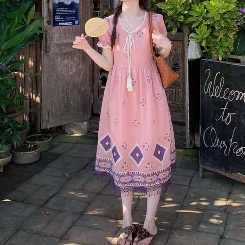 フリンジリボンエスニック柄ワンピ ・10318