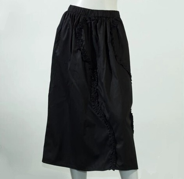 スカート 新作 綿 100% コットン フリルデザイン ギャザースカート 黒 ブラック  ロングスカート お洒落  Mサイズ  Lサイズ