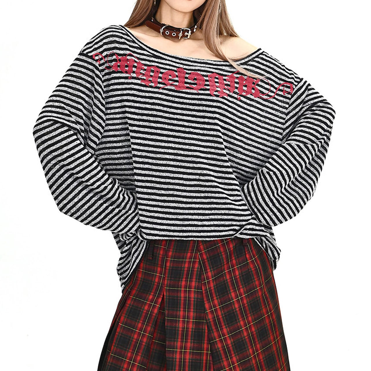 ゴシックレタリングボーダーボートネックカットソー 2col R01912