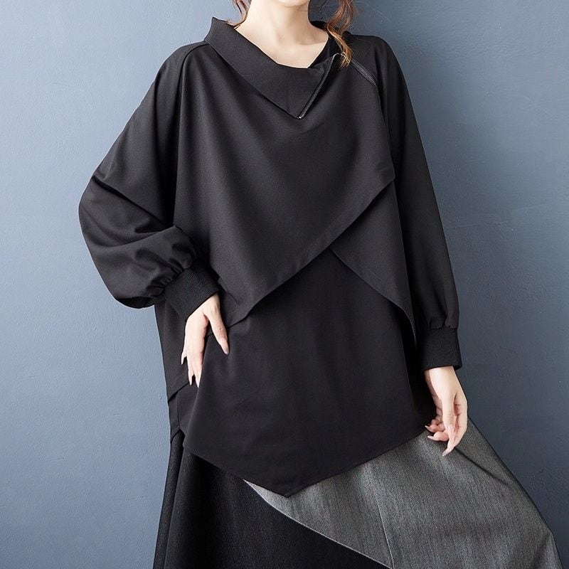 BLACK HIGH NECK DESIGN TOP CONTRAST LONG SKIRT 2color M-14756