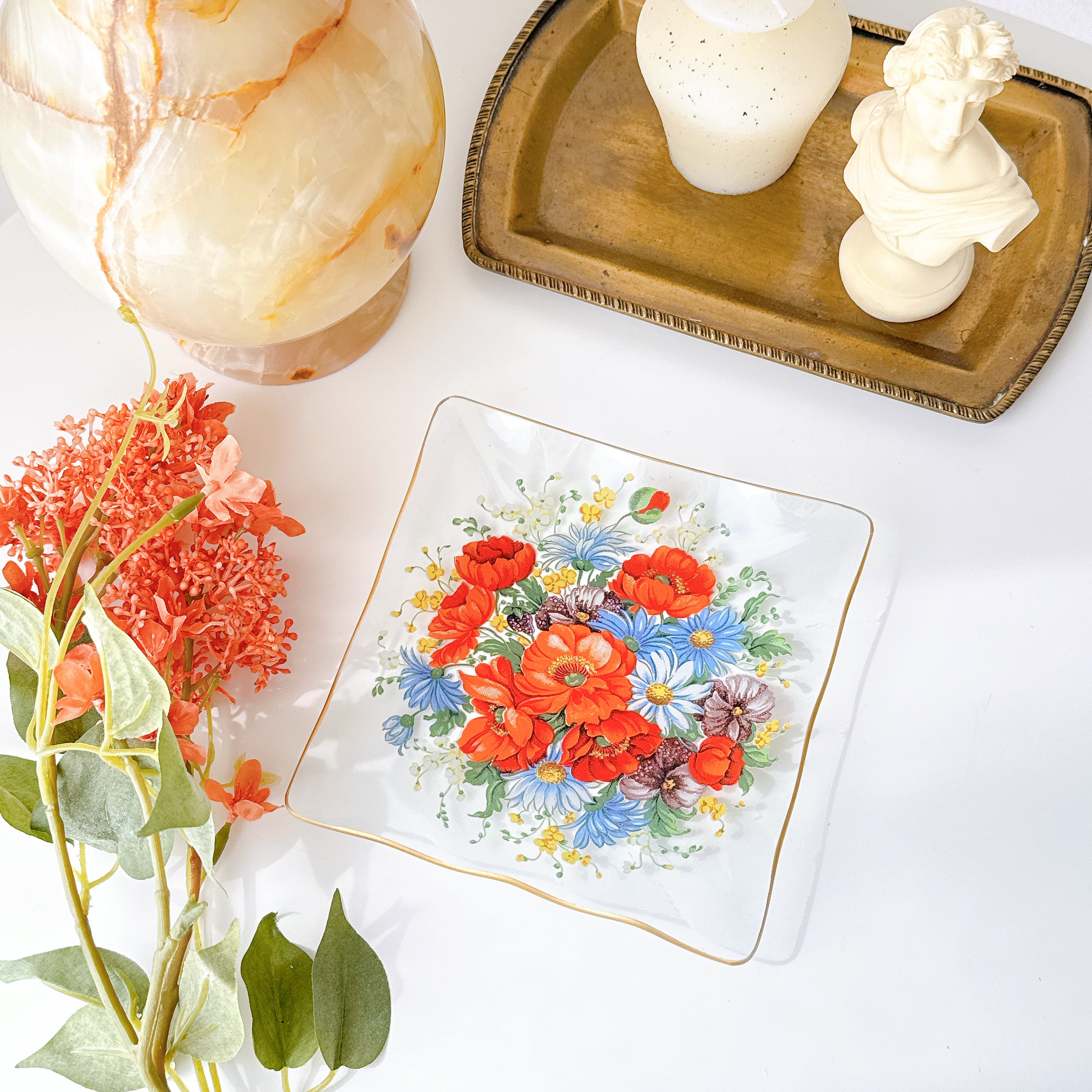 vintage】ポピーの花束のビンテージガラスプレート | piéce antique