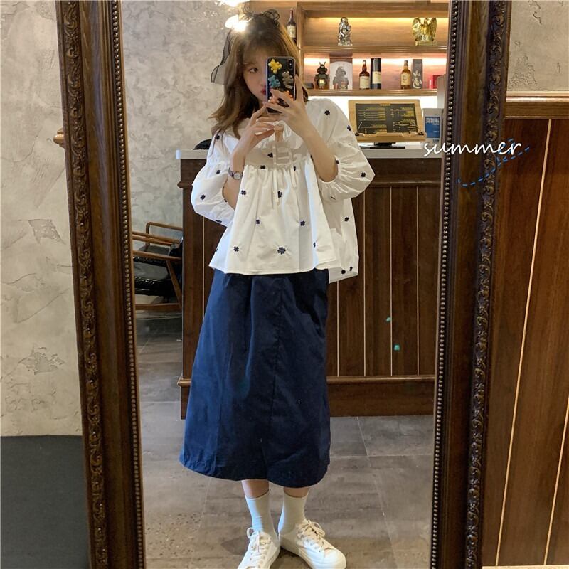 レッドスタンダード刺繍シャツ ソリッド カラーAラインスカート レトロ ストリート ソリッドカラー YY-ファッション1052184335