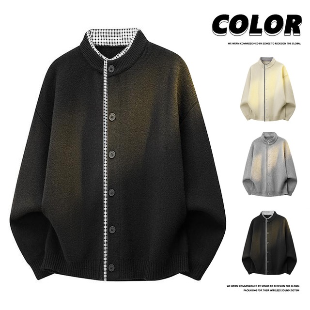 ♥重ね着風デザイン＆簡単おしゃれ！【WSシリーズ】★セーター★ カーディガン ユニセックス 3color ニットトップス フェイクレイヤード チェック柄