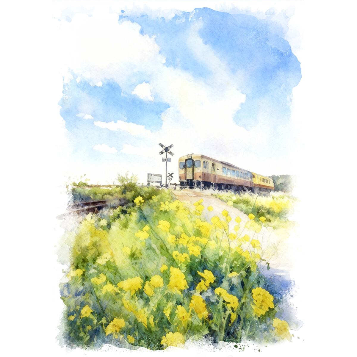 絵画 風景画 日本 千葉県 を走るいすみ鉄道 インテリアアート額付き 水彩画風 WAT1708