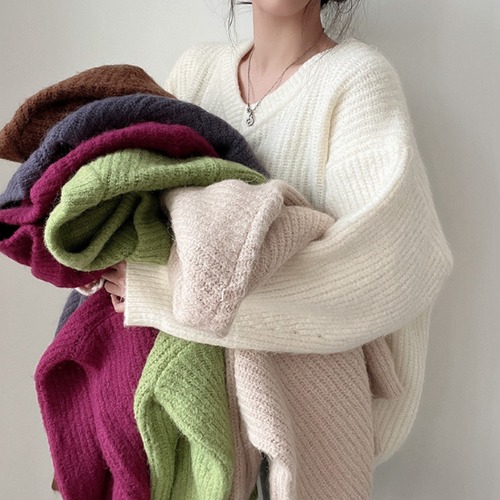 ニットセーター レディース トップス ニット セーター 長袖 Ｖネック リブニット ゆったり ルーズ オーバーサイズ シンプル 無地 カジュアル お出かけ おしゃれ プルオーバー ワンサイズ 女性