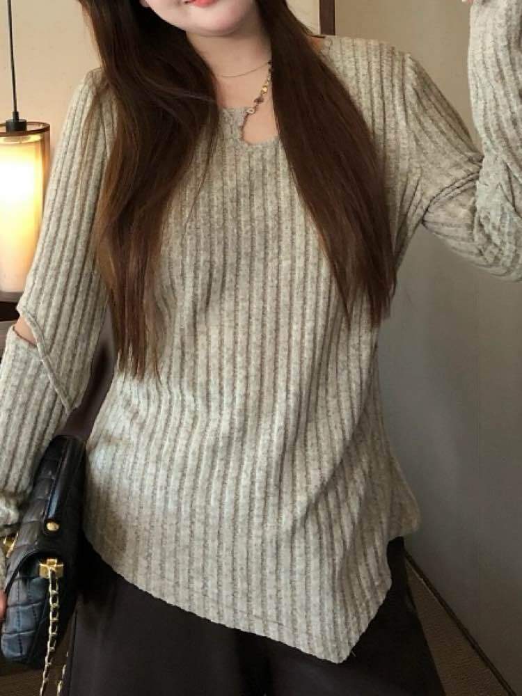 こなれ感満点な大人の魅せトップス スパンコールチェーンアシメニットトップス 長袖 リブ ニット 肌見せ おしゃれ 大人 クール カジュアル きれいめ 細見え 体型カバー 大きいサイズ 韓国 CH10982