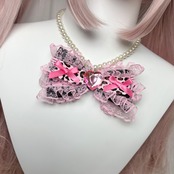 ♡ 姫GAL ヒョウ柄リボン ピンクフリルパールネックレス vivid pink×pink豹柄 ♡