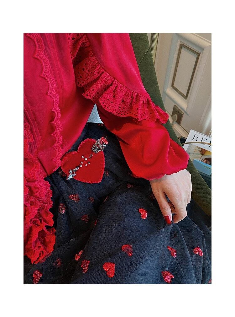 赤 フリル ブラウス トップス XS | LOVEYsmileSHOP