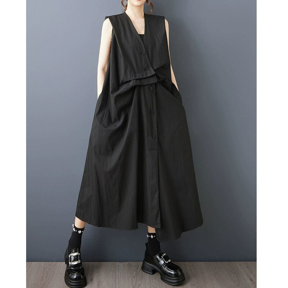 SOLID V-NECK SLEEVELESS A-LINE MIDI SHIRT DRESS 2colors M-14147