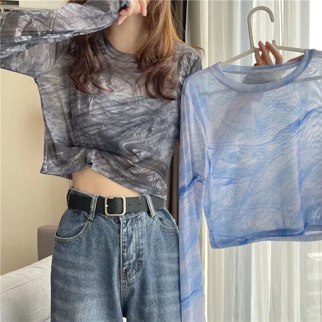 【新作】【送料無料】 メッシュトップ夏 2023 新しいショート絞り染め日焼け止め Tシャツ女性の薄い底シャツアイスシルク長袖 0168232356943