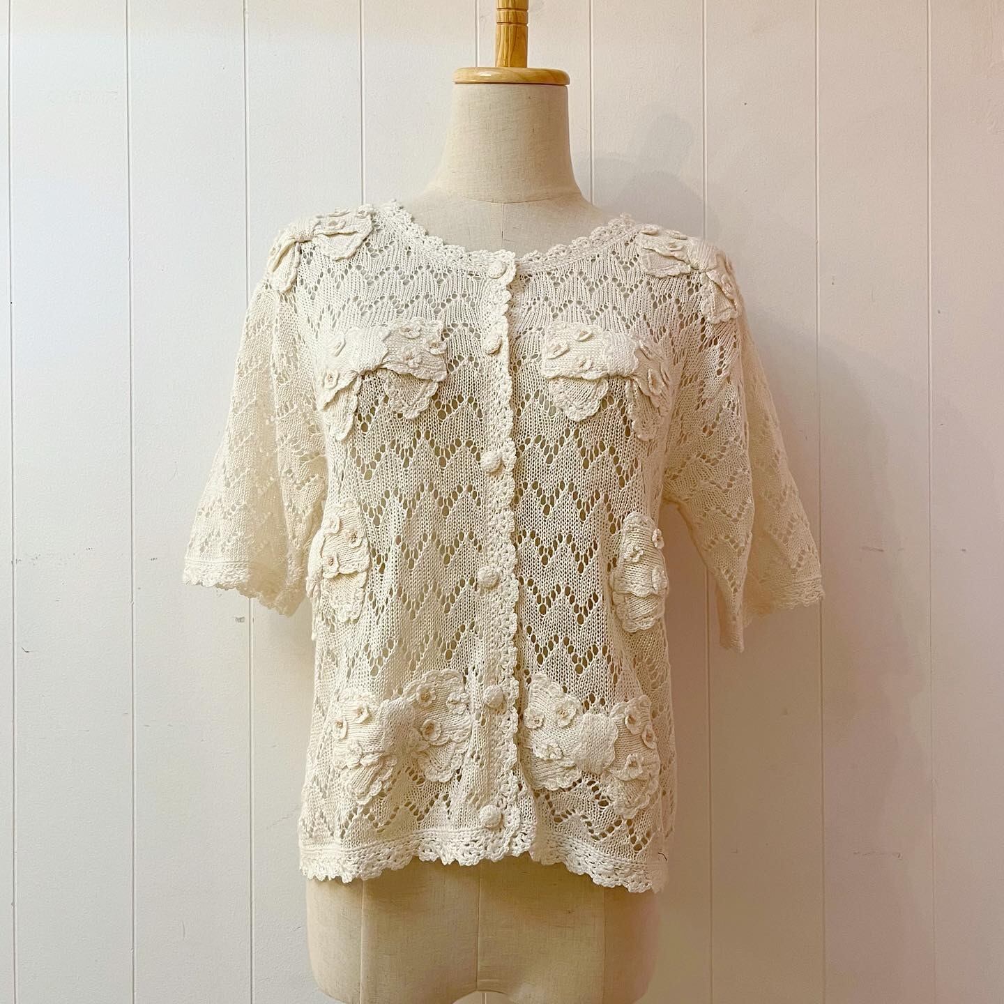 flower ribbon openwork knit cardigan