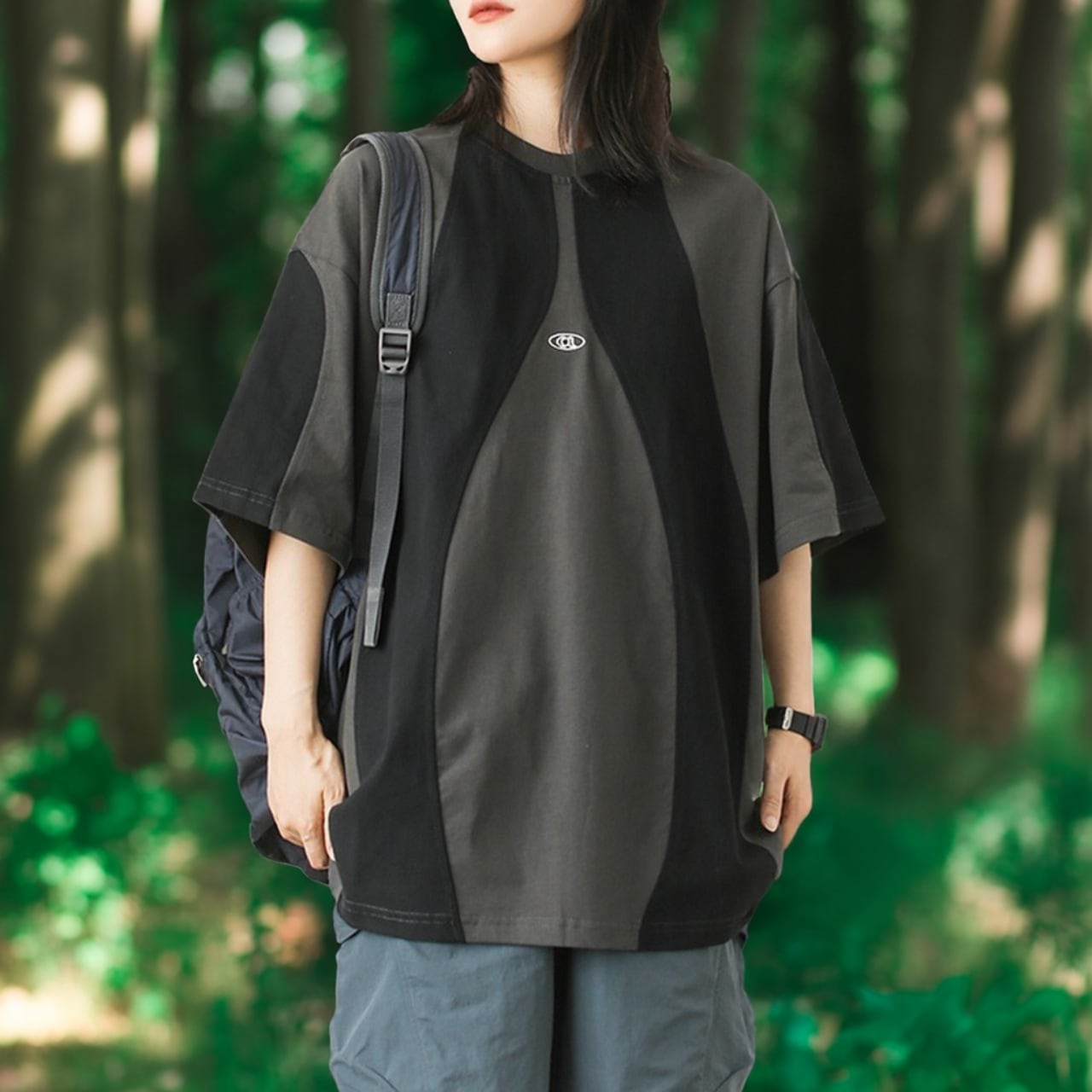 Patchwork Design Oversized Short Sleeve T-Shirt ‐1col‐ A0433
