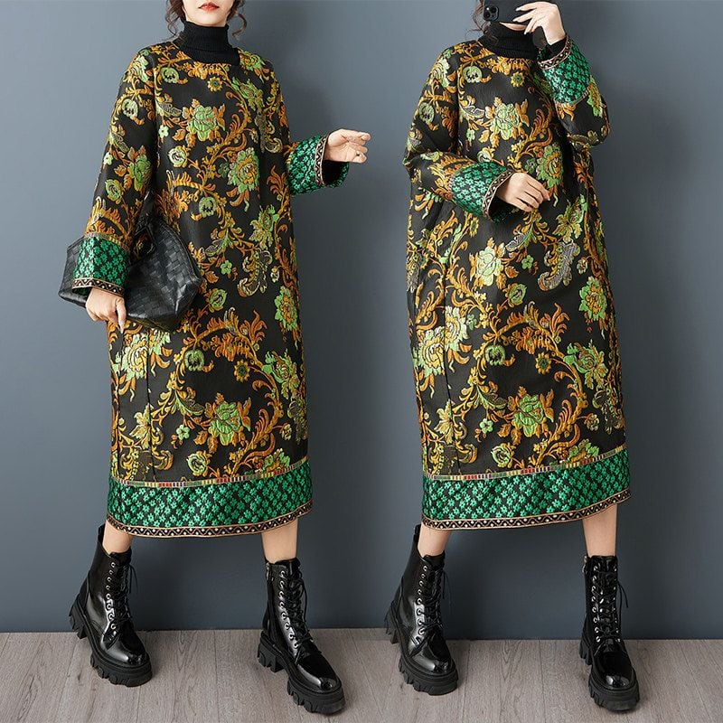 FLORAL JACQUARD CONTRAST LONG SLEEVE MIDI DRESS M-18806