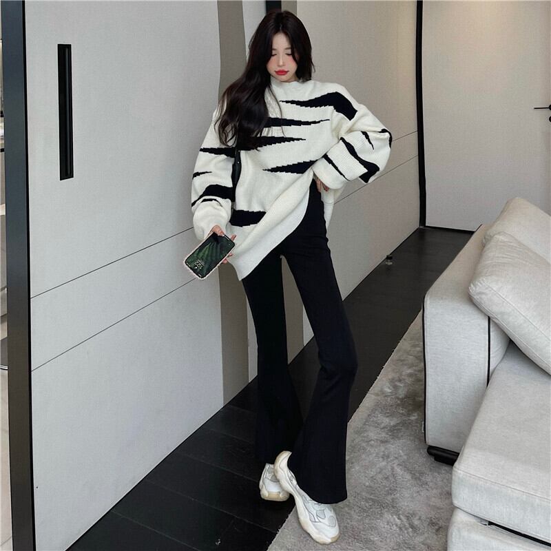 ストライプセーター レディースルーズスタイルスタンダードトップス オータムウィンター レトロ 秋物 冬物 ブラックストロベリース79299669696
