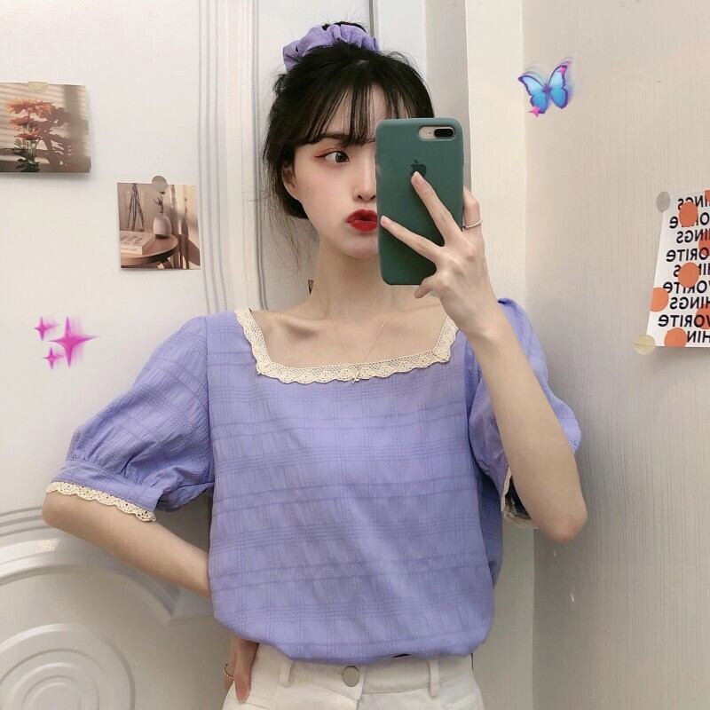 ネットレッドファッショントレンディなレーススクエアカラー気質ルーズ半袖シフォンシャツトップレディースサマーバージョン2020new 1号婦人28402799168