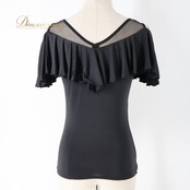 社交ダンス 衣装 トップス ブラウス ブラック系 チャコット Chacott 黒 無地 シンプル 練習 レッスン フリル 伸縮 ストレッチ メッシュ生地 日本製 透け感 上品 ダンス衣装 イベント ステージ かわいい オールブラック