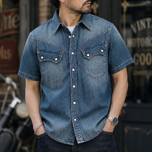 Western denim short sleeve shirt 00545
