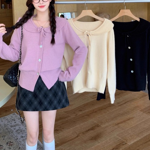 3色／リボンラウンドカラーニットカーデ ・73960