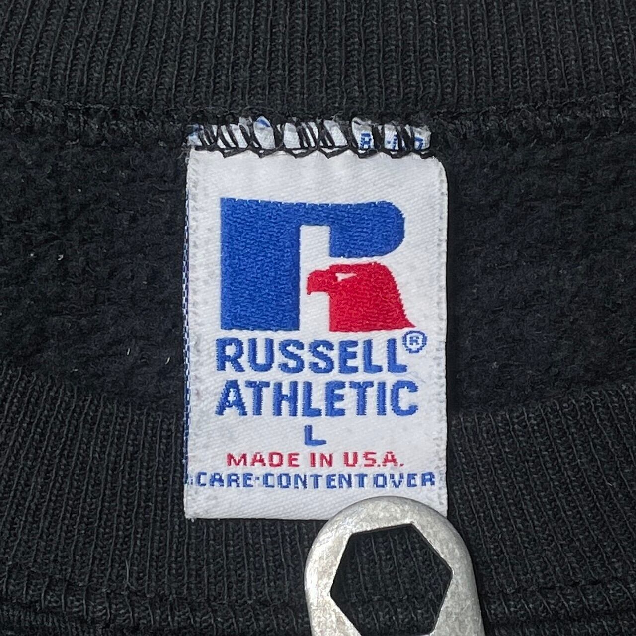 80-90s RUSSELL usa製 スウェットシャツ 3段ロゴ BLK XL 古着 90年代 ラッセル Russell ATHLETIC 3連プリント カレッジ