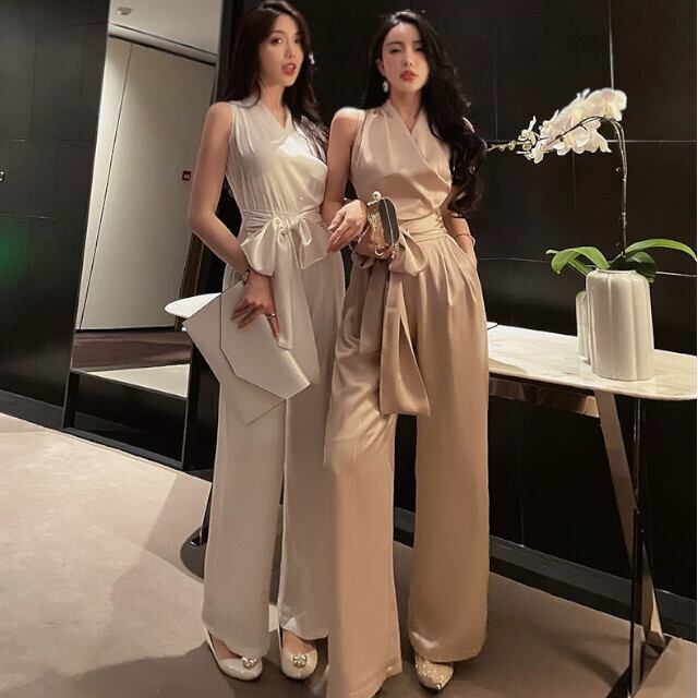 全2色 ベージュ/ホワイト レディース ジャンプスーツ オールインワン ストライプ ワイドパンツ ハイウエスト ノースリーブ カシュクール ウエストリボン S/M/L/XL