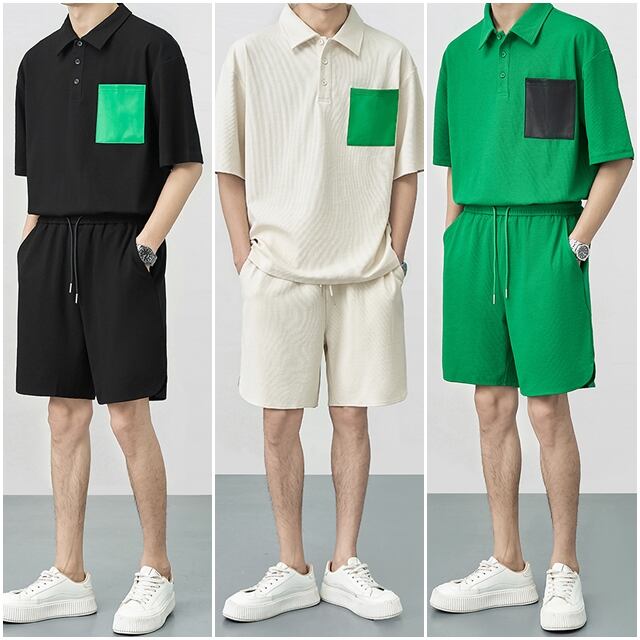 予約販売】メンズ セットアップ シンプル 半袖 ポロシャツ ハーフ