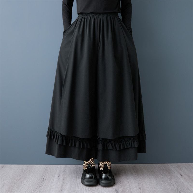 RUFFLED HEM WIDE LEG CROPPED RELAXED PANTS M-18407