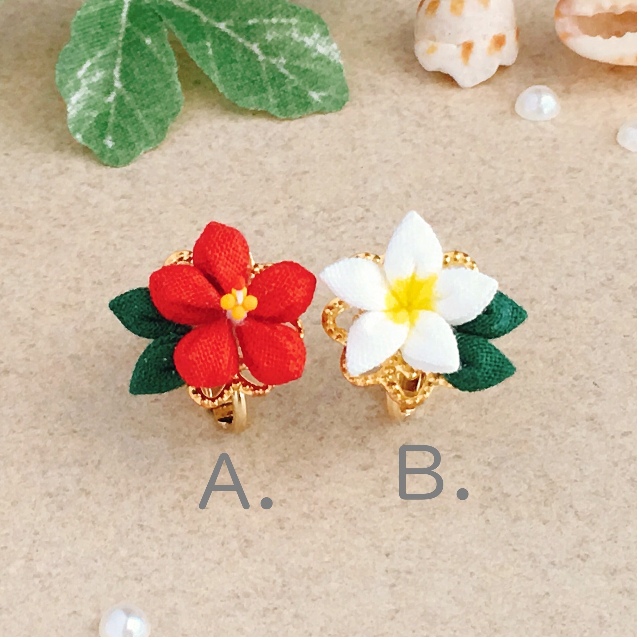 つまみ細工 ハイビスカス・プルメリアの ピアス イヤリング