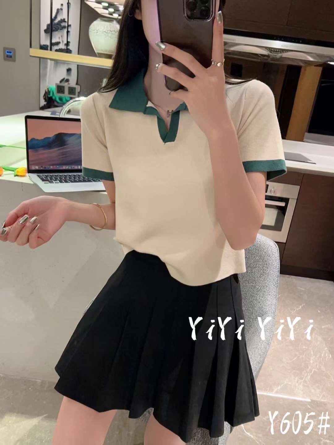 レトロ配色半袖トップス　AJ111-Y605