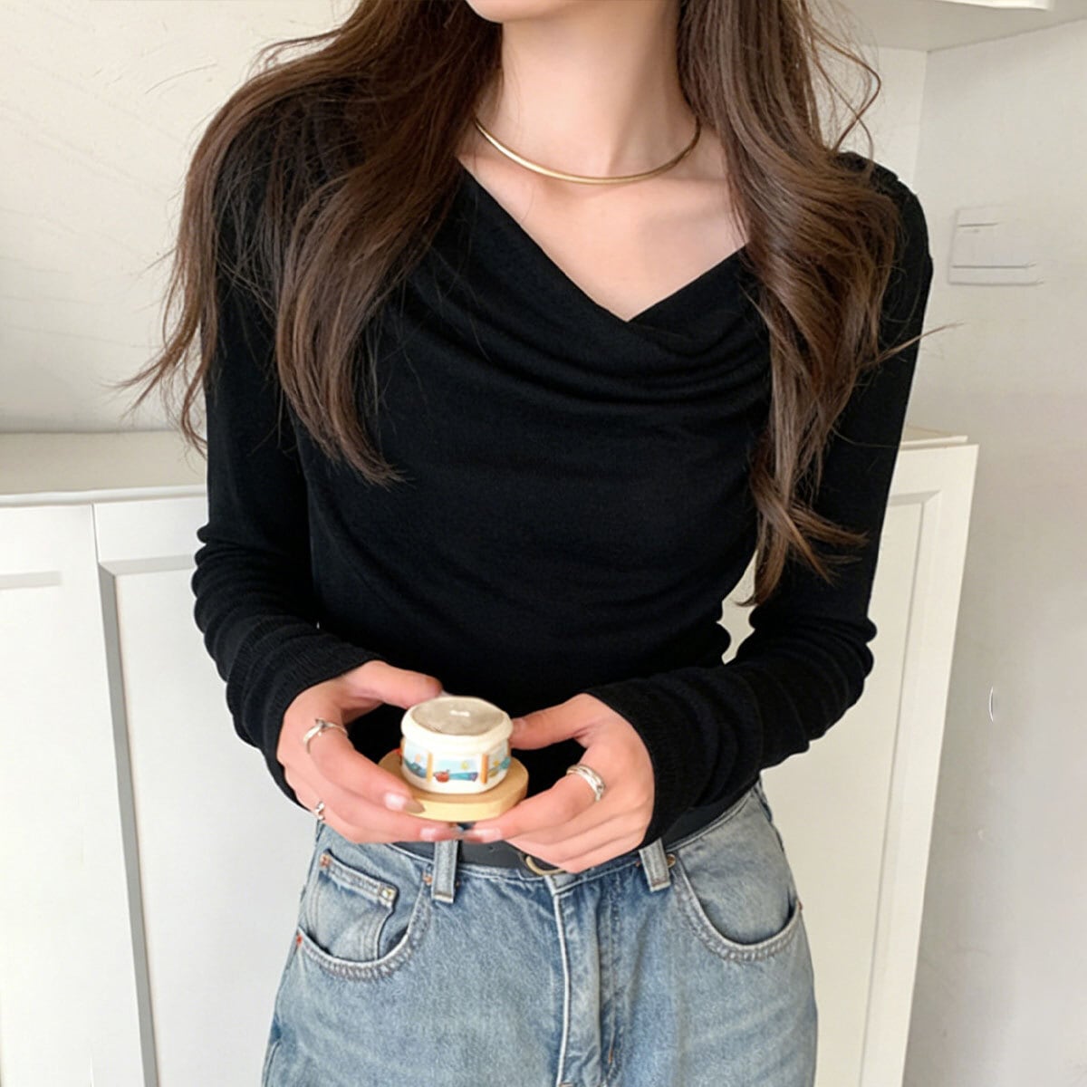 ドレープ Tシャツ 長袖 レディース 春秋 トップス 韓国 大人 カジュアル きれいめ ストリート おしゃれ ドレープネック 無地 カットソー 大人可愛い 大人女子