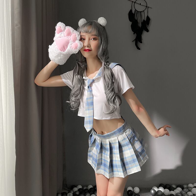 〔スクール〕3色展開・ミニ丈ヘソ出しチェック柄 制服コスプレ3点セット