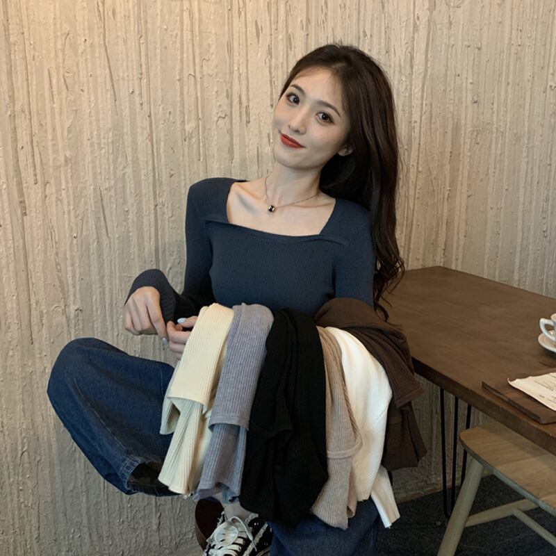 カラーシャツ トップス スプリングレッドスタイルセーター ロング 春物 スクウェア 試着室30431109544