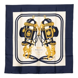 エルメス カレ90 BRIDES de GALA 式典用馬勒 スカーフ ネイビー ホワイト シルク レディース HERMES 【中古】
