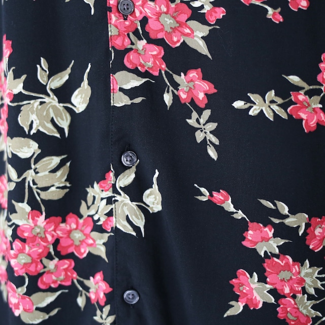 "花柄" black base pink rose flower pattern h/s shirt