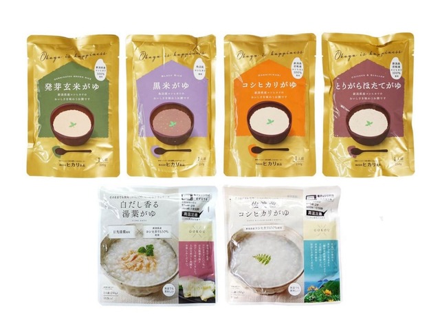 おかゆおためしセット-ヒカリ-【新潟県産コシヒカリ100%使用】コシヒカリがゆ,発芽玄米がゆ,とりがらほたてがゆ,黒米がゆ,佐渡産コシヒカリがゆ,白だし香る湯葉がゆ,健美がゆ