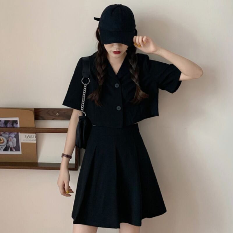 サマーハイウェストウェストAラインプリーツスカート ブラックショートブラウス レディース 夏物 YY-ファッション3452282498