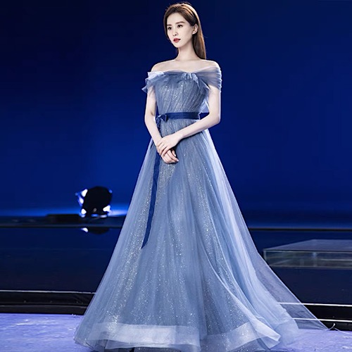 演奏会ドレス 発表会ドレス ウエストリボン ハイウエスト レース オフショルダー イブニングドレス  キラキラ 発表会 演奏会 レディース 結婚式 ステージ衣装 ロング丈 エレガント カラードレス