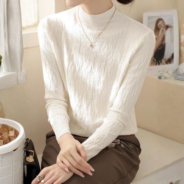 Half high neck elegant jacquard slim knit ( 5color )