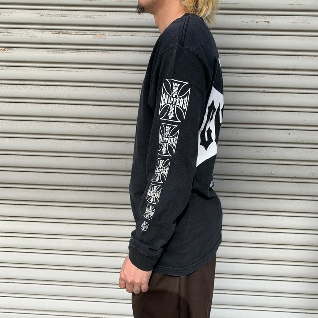 00s ウエストコーストチョッパーズ　アイアンクロスプリントロンT 袖ロゴ　M
