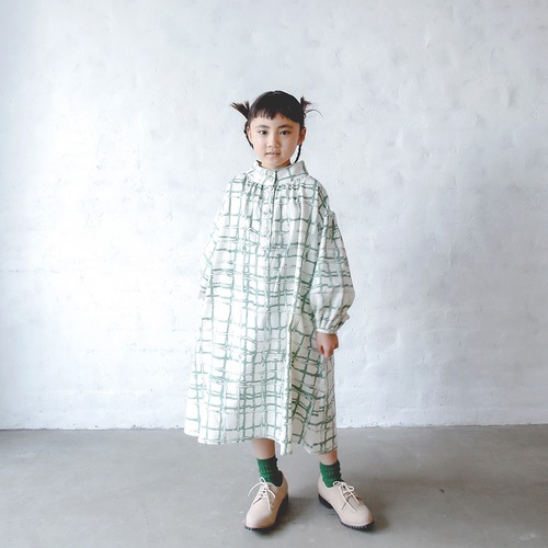 Chocolate check back gather OP    kids S(90-100)  /  Ivory