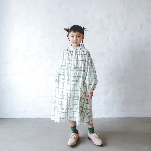 Chocolate check back gather OP    kids S(90-100)  /  Ivory