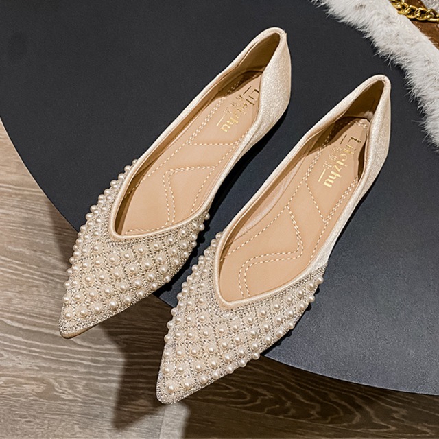 ポインテッドトゥ パール シューズ-アプリコット