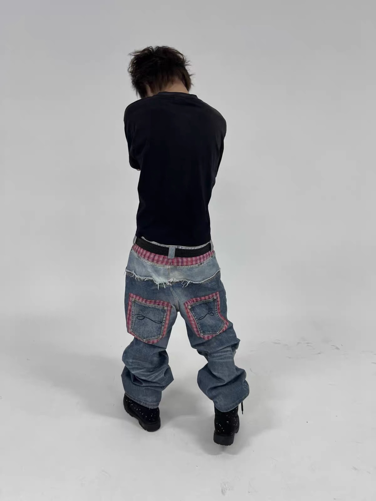 【TecNineGroup】PLAID DOUBLE-WAIST JEANS