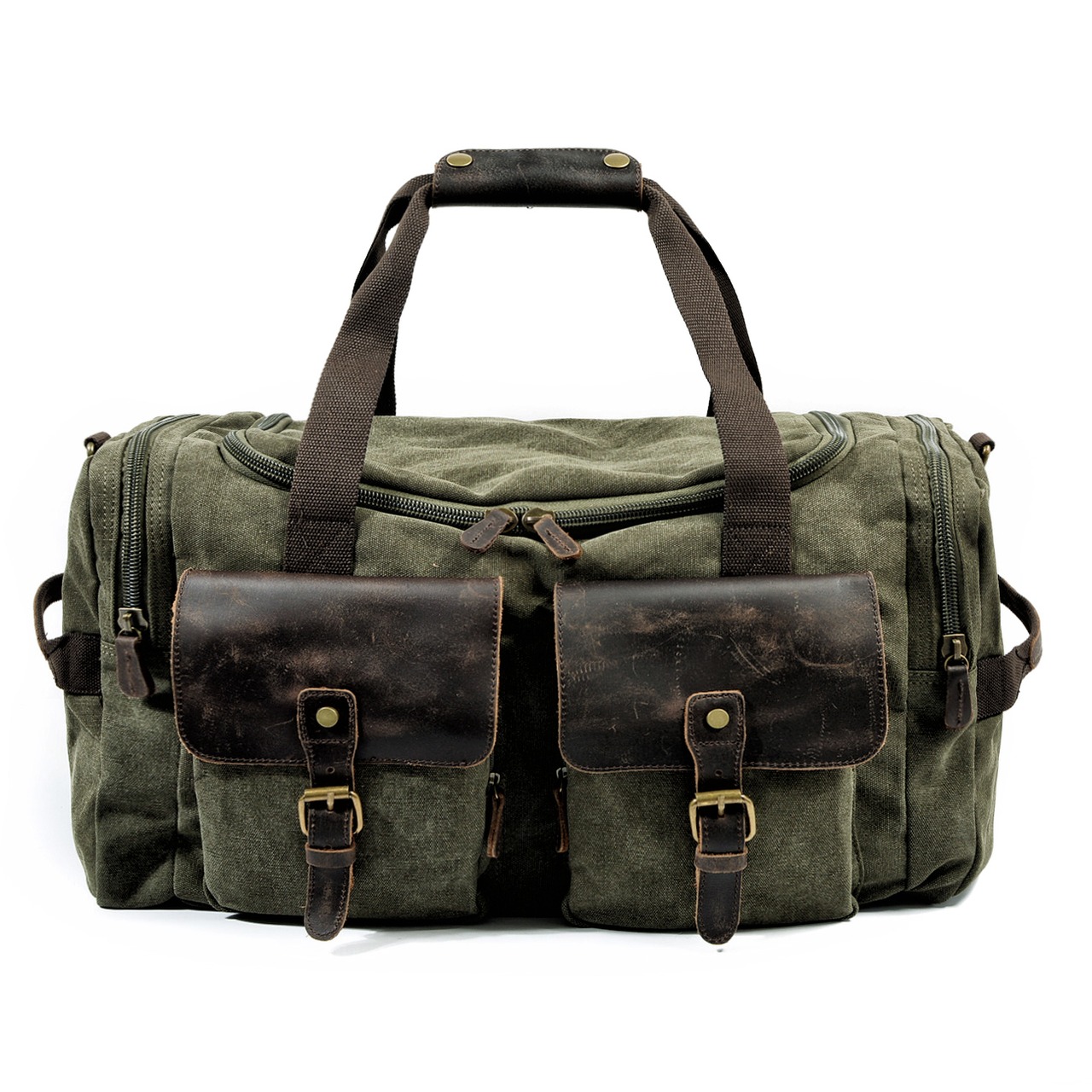 Canvas Leather Multi Pockets Boston Bag / キャンバス レザー マルチ ポケット ボストン バッグ