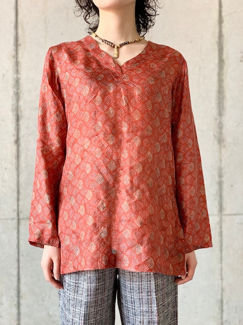 Vintage Woodblock Print Pullover Silk Blouse Made In India