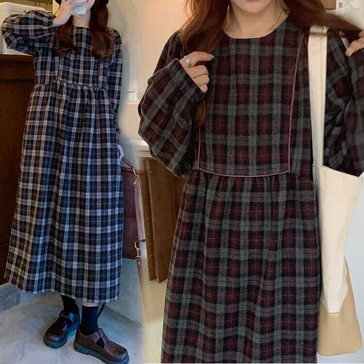 ロングワンピース チェック柄 シャツワンピース 長袖 ルーズ チェック柄 ワンピース 長袖 ラウンドネック ルーズウエスト