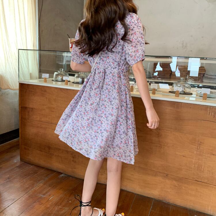 花柄ワンピース ｖネックワンピース 半袖 春夏 ワンピース パープル 花柄 Macaron
