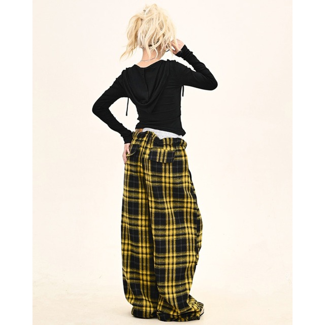 yellow check pants　イエローチェック柄パンツ　J0806