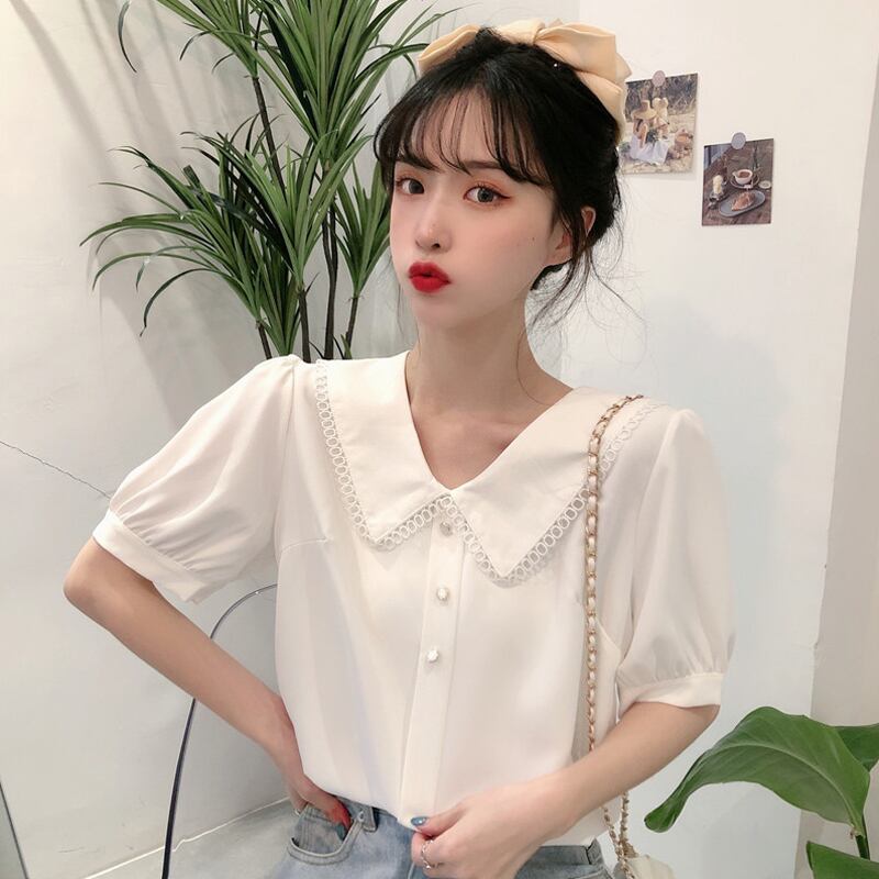 ホワイトシフォンシャツ サマースタイル 大人ガーリー スウィート キュート カジュアル 夏物 試着室3678234664