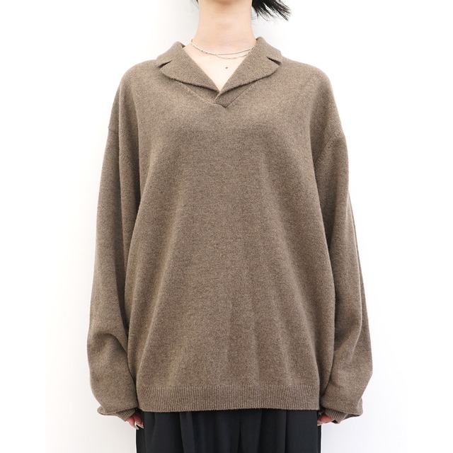 [Blanc YM] (ブランワイエム) BL-26A-WOCKS Wool Open Collar Knit Shirts (Brown)